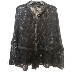Ashley Stewart Lace Satin Black Sheer Button Front Cardigan Sexy Whimsigoth 18